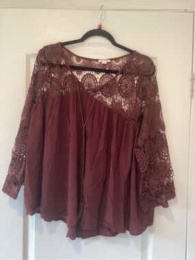 Pinky Lace Yoke Boho Blouse in Wine 2XL,EUC
